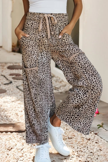 Leopard Animal Print Wide Leg Terry Knit Pants