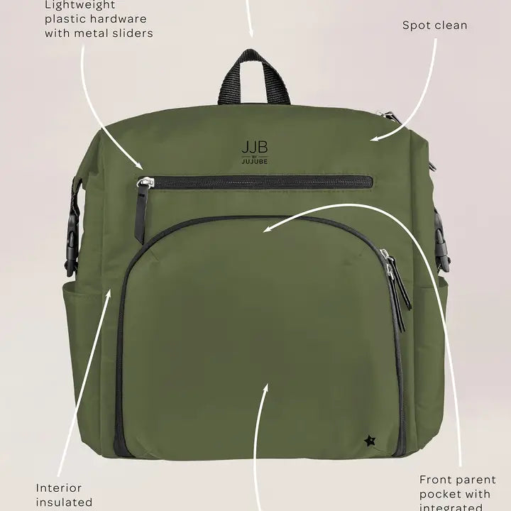JuJube Back pack Diaper bag Black, also available in Olive.