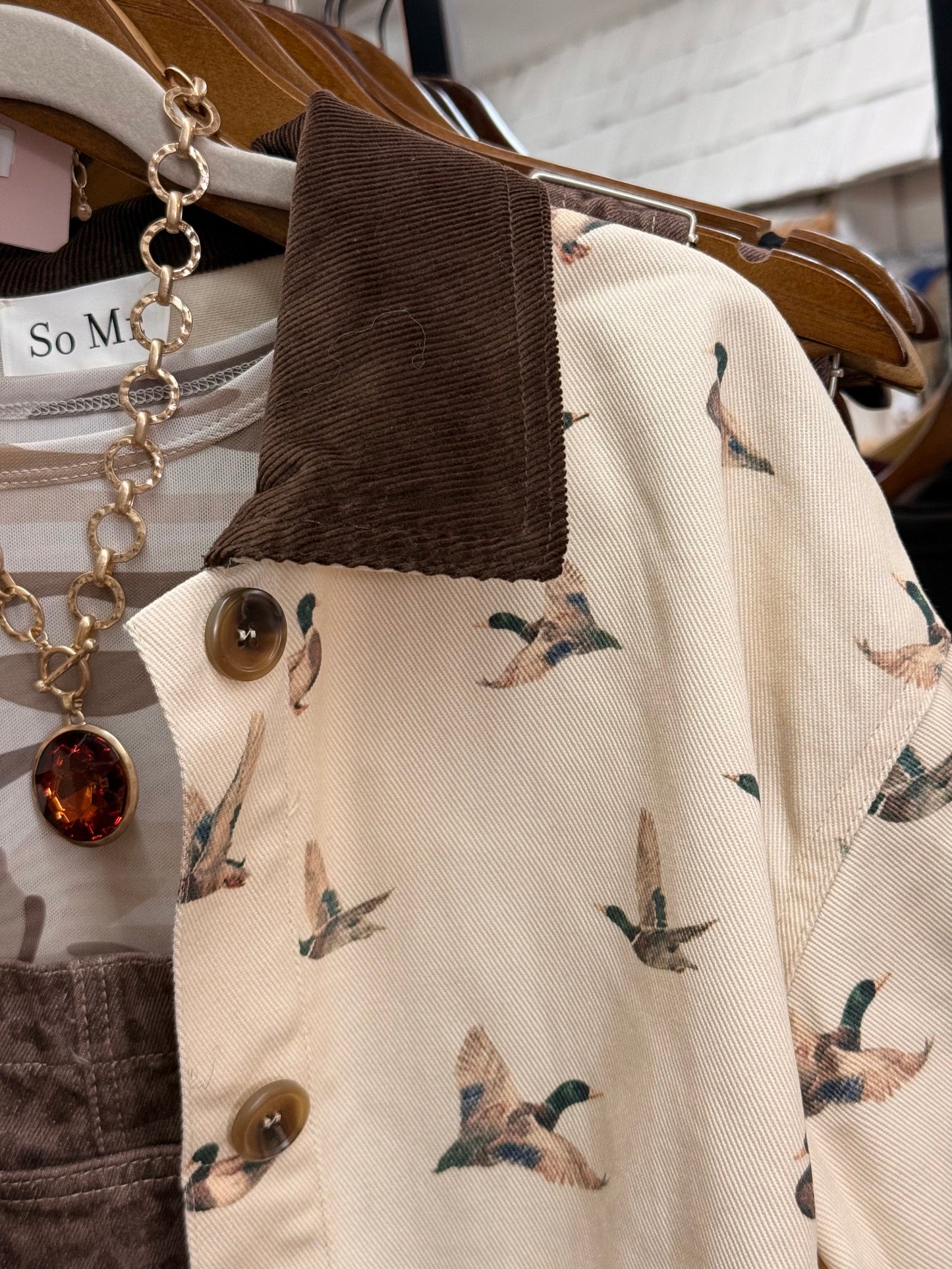 Adorable Mallard print jacket with corduroy collar