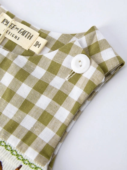 Green Plaid Fish Embroidered Smocked Baby Boy Romper