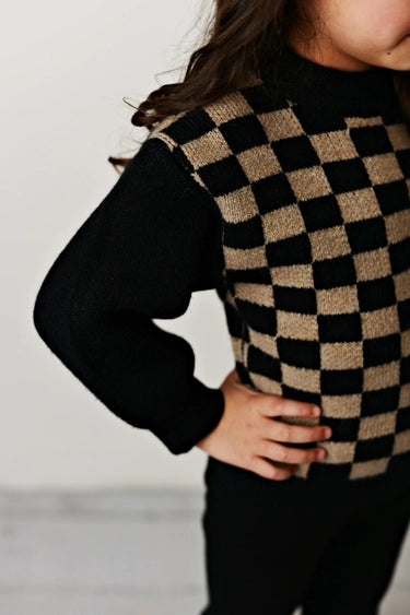 Kids Black Brown Checkered Crew Neck Fall Winter Sweater