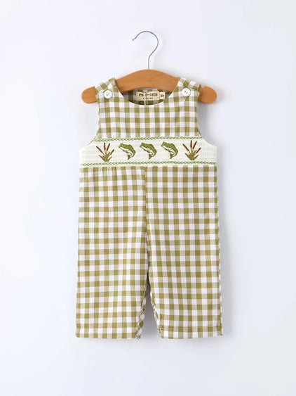 Green Plaid Fish Embroidered Smocked Baby Boy Romper