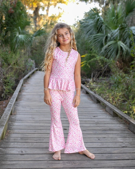Girls Pink Groove Floral Spring Summer Pant Set