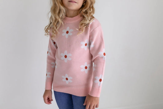 Kids Blush Pink Flower Crew Neck Fall Winter Sweater