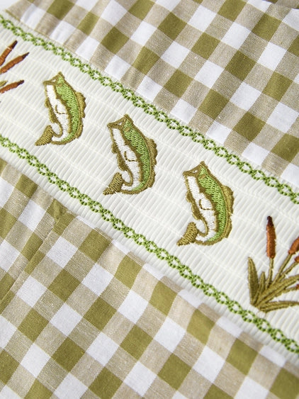Green Plaid Fish Embroidered Smocked Baby Boy Romper