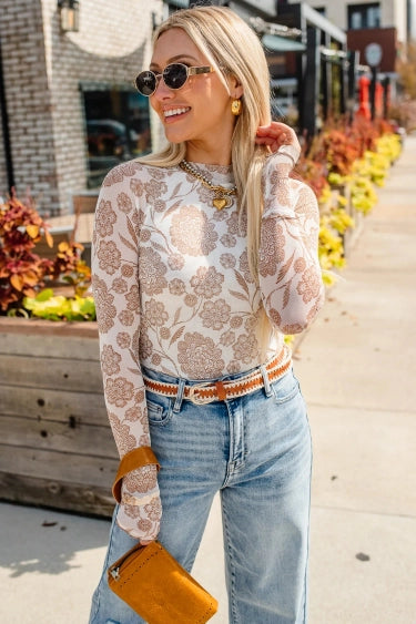 Brown Thumbhole Long Sleeve Floral Print Mesh Top