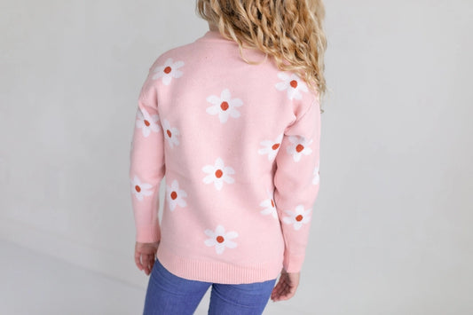 Kids Blush Pink Flower Crew Neck Fall Winter Sweater