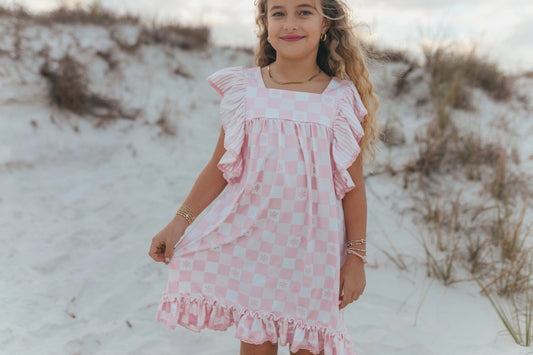 Girls Harper Pink Check Spring Summer Ruffle Dress