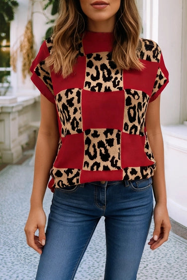 Leopard Contrast Checkerboard Knit Sweater