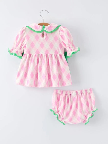 Spring Golf Embroidered Baby Girls Smocked Bow Bloomer Set