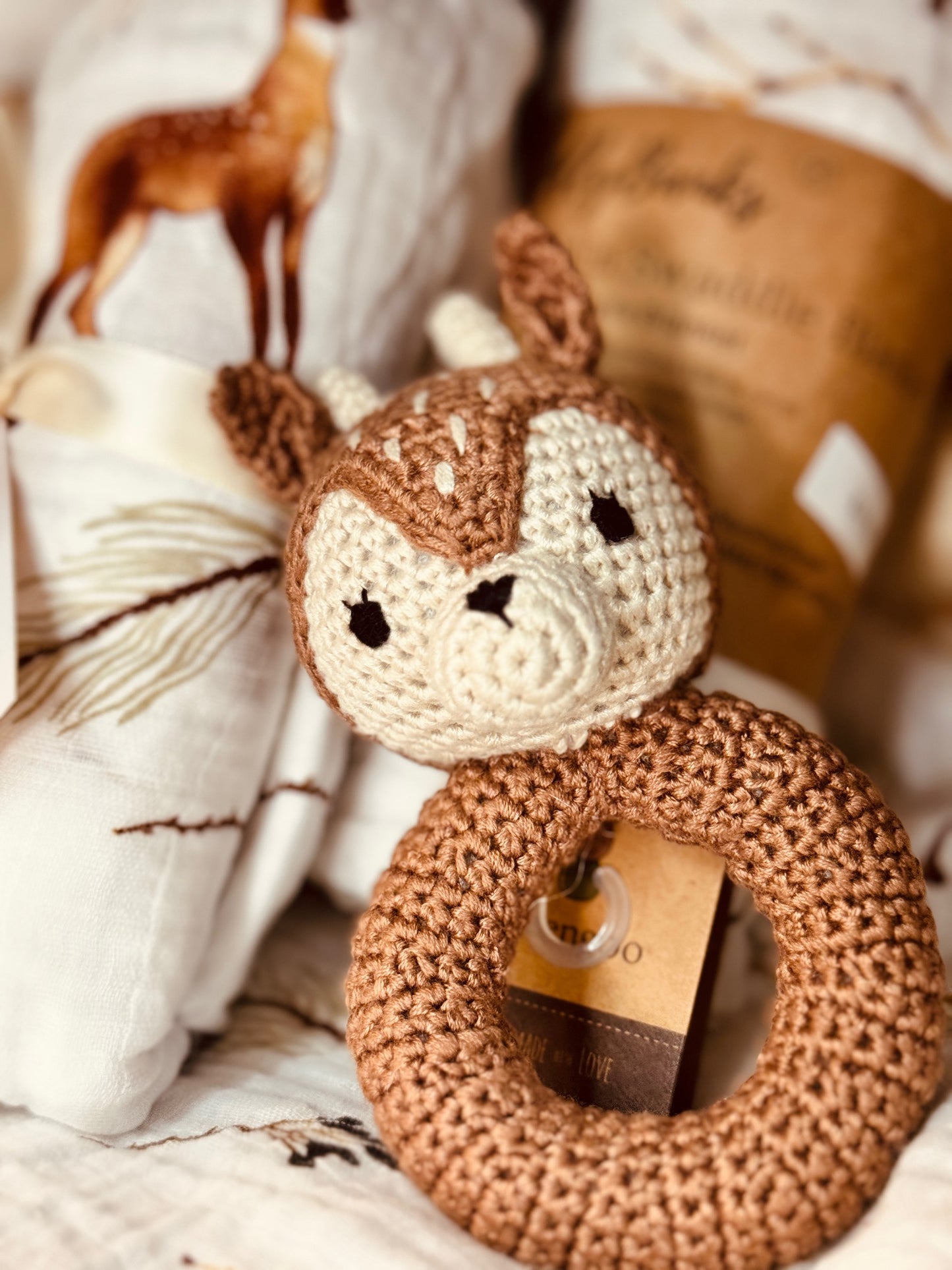 Adorable baby deer rattle, with easy to hold handle