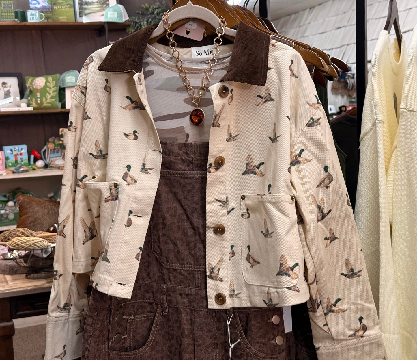 Adorable Mallard print jacket with corduroy collar