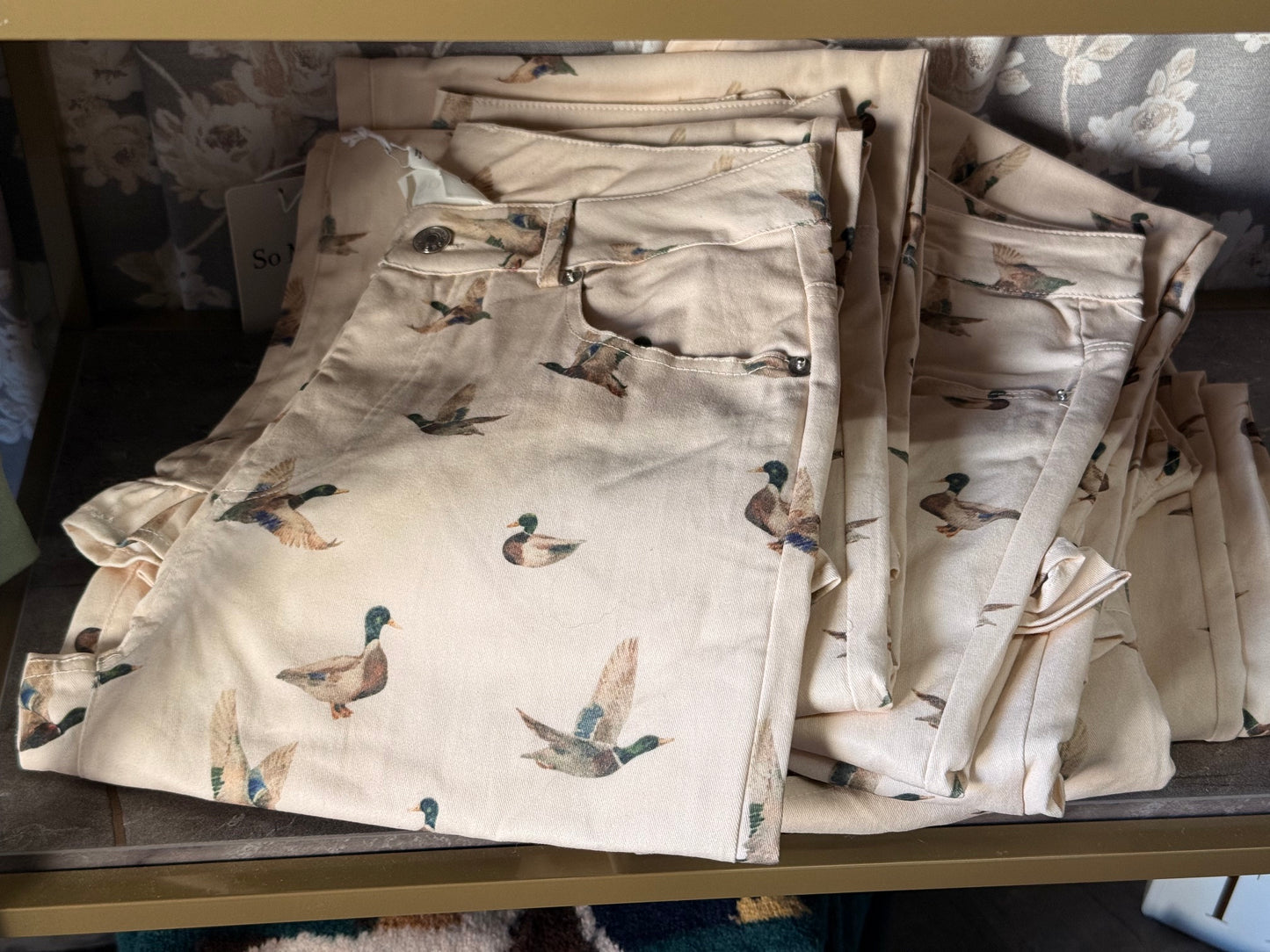 Cream Mallard pants with ruffle bottom