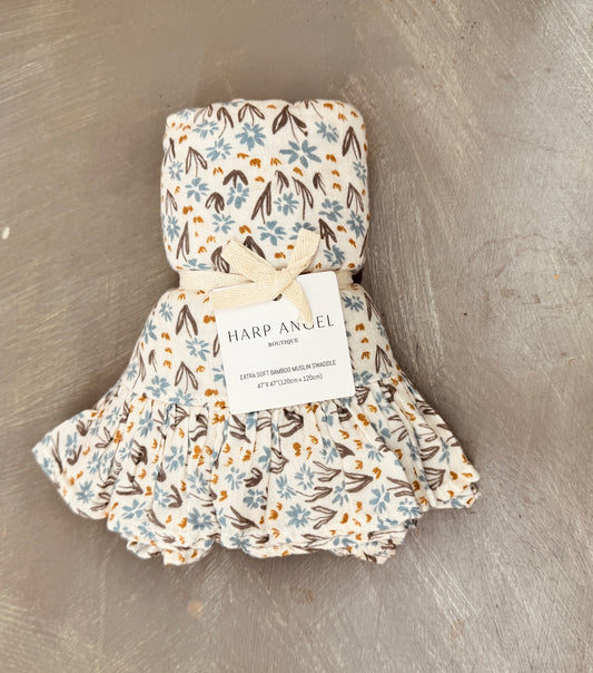 Muslin Swaddle Blanket - Arona Blue Floral Ruffle