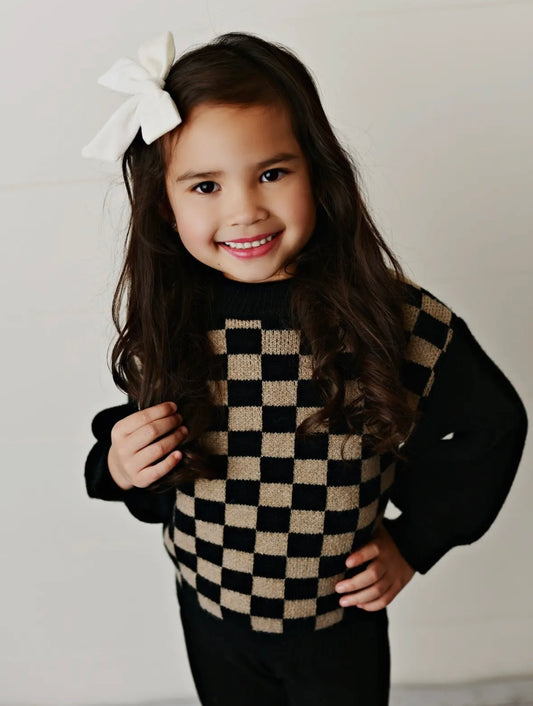 Kids Black Brown Checkered Crew Neck Fall Winter Sweater