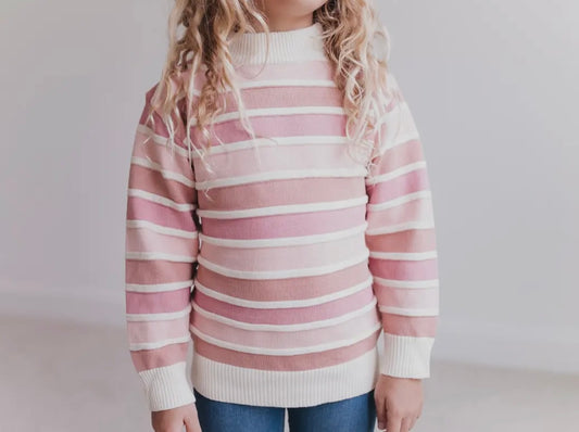 Kids Ombre Pink Stripe Ribbed Crew Neck Fall Winter Sweater