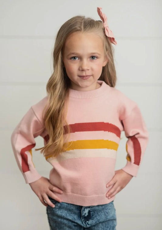 Kids Pink Rainbow Crew Neck Fall Winter Sweater