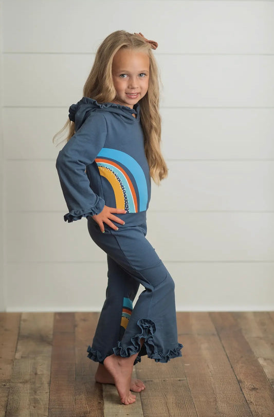 Kids Navy Blue Rainbow Hooded Ruffle Sweatsuit Lounge Set