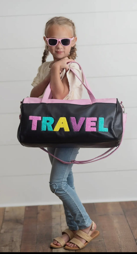 Kids Pink & Black Fuzzy Letter Weekender Travel Bag