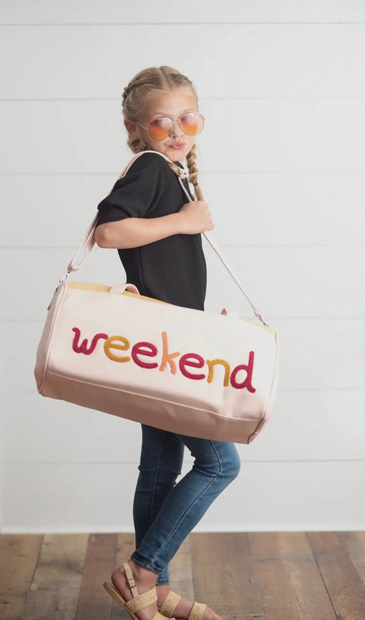 Kids Pink & Tan Fuzzy Letter Weekender Travel Bag