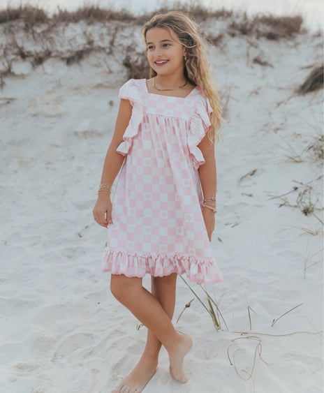 Girls Harper Pink Check Spring Summer Ruffle Dress